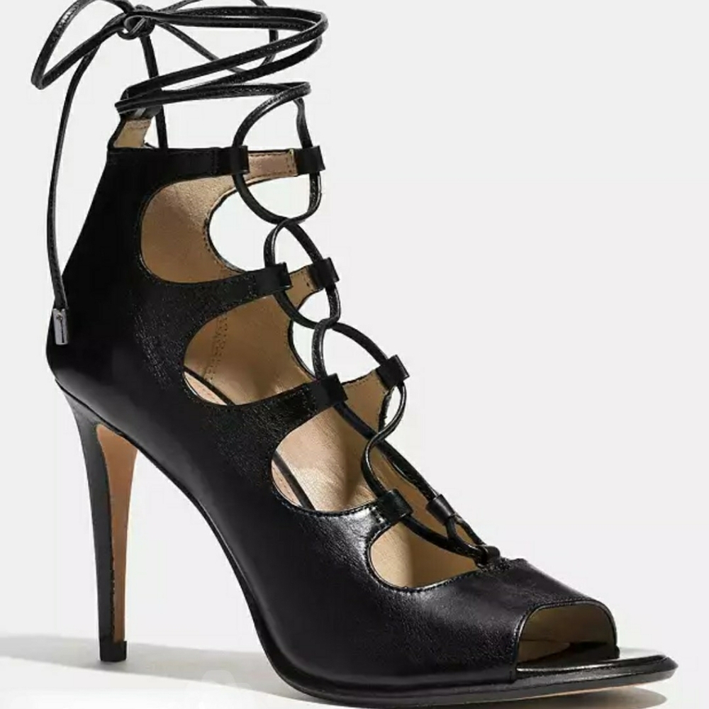 Coach Kira Ghillie Style Black Leather Stiletto Heeled Peep-Toe Pumps Size 7 1/2 - Picture 1 of 9